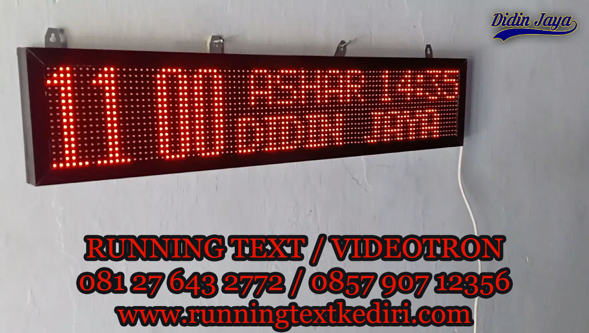 Running text jadwal sholat ini diberikan kepada masjid Doko Kediri dengan ukuran 1 meter 20cm dengan warna merah dan tahan air dan panas. Membuat running text ini sangat bagus digunakan untuk semua masjid di seluruh penjuru Indonesia.